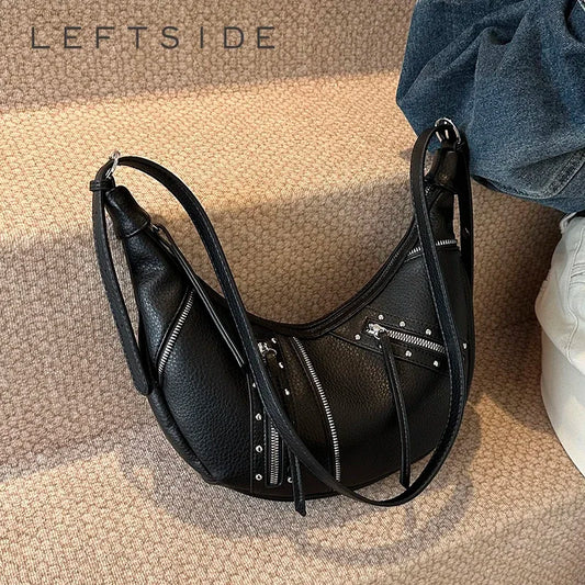 LEFTSIDE Punk Style PU Leather Cross Body Bags Lady Shoulder Bag for Women 2024 Trend Small Rivets Design Crossbody Bag Handbags